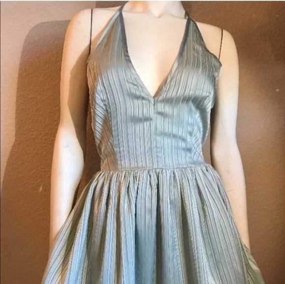 BEBE Metallic Teal Shadow Stripe Neck Halter Dress Crochet Lace Raceback NWT - Picture 3 of 9